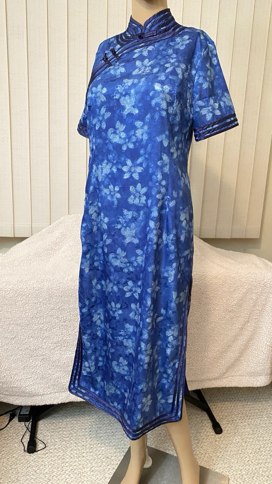 Ladies Spring Blue Satin Floral Prints Long Chinese Style Qipao Dress L