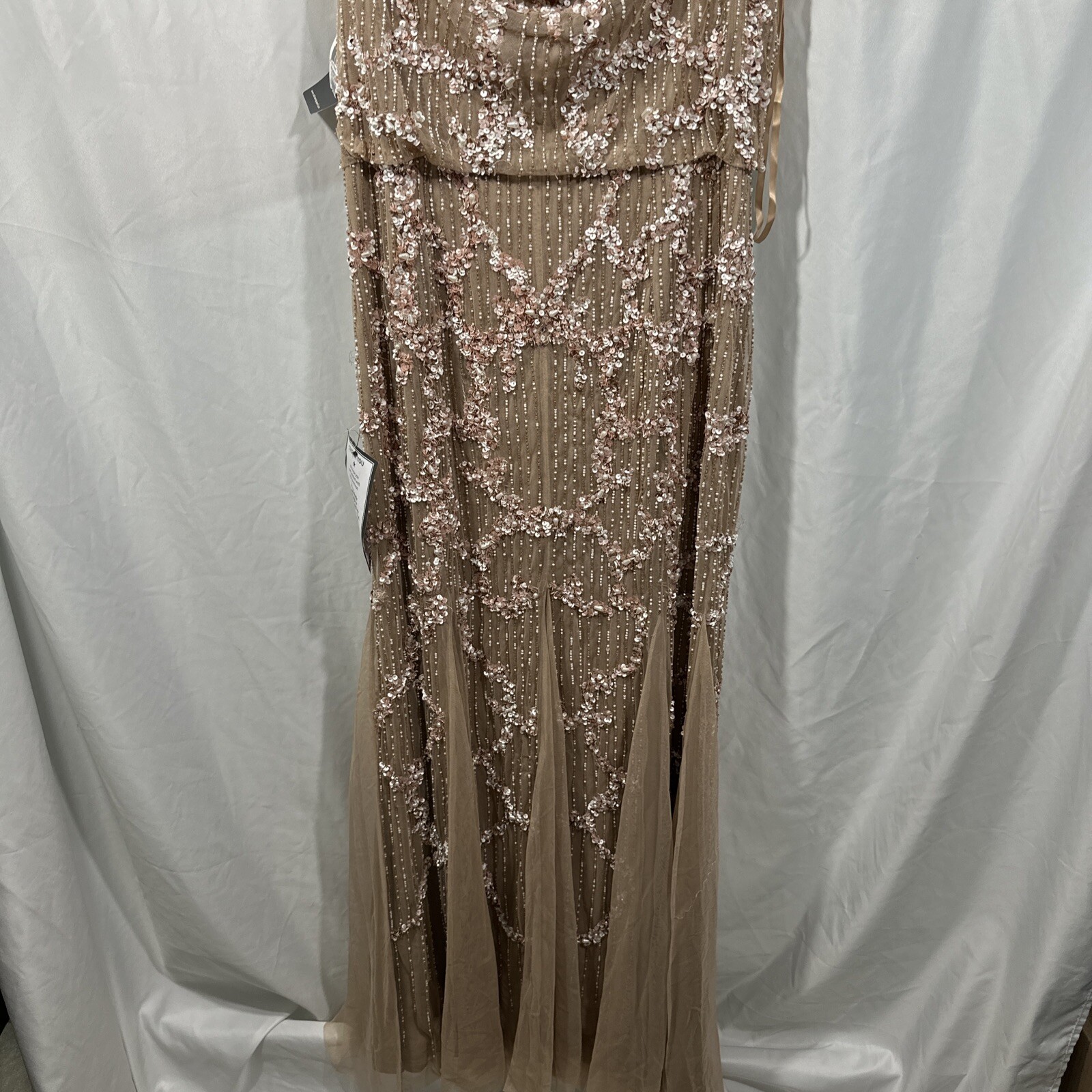 NWT $329 Adrianna Papell [ 14 ] Embellished Cowl-Back Gown in Champagne #G1167
