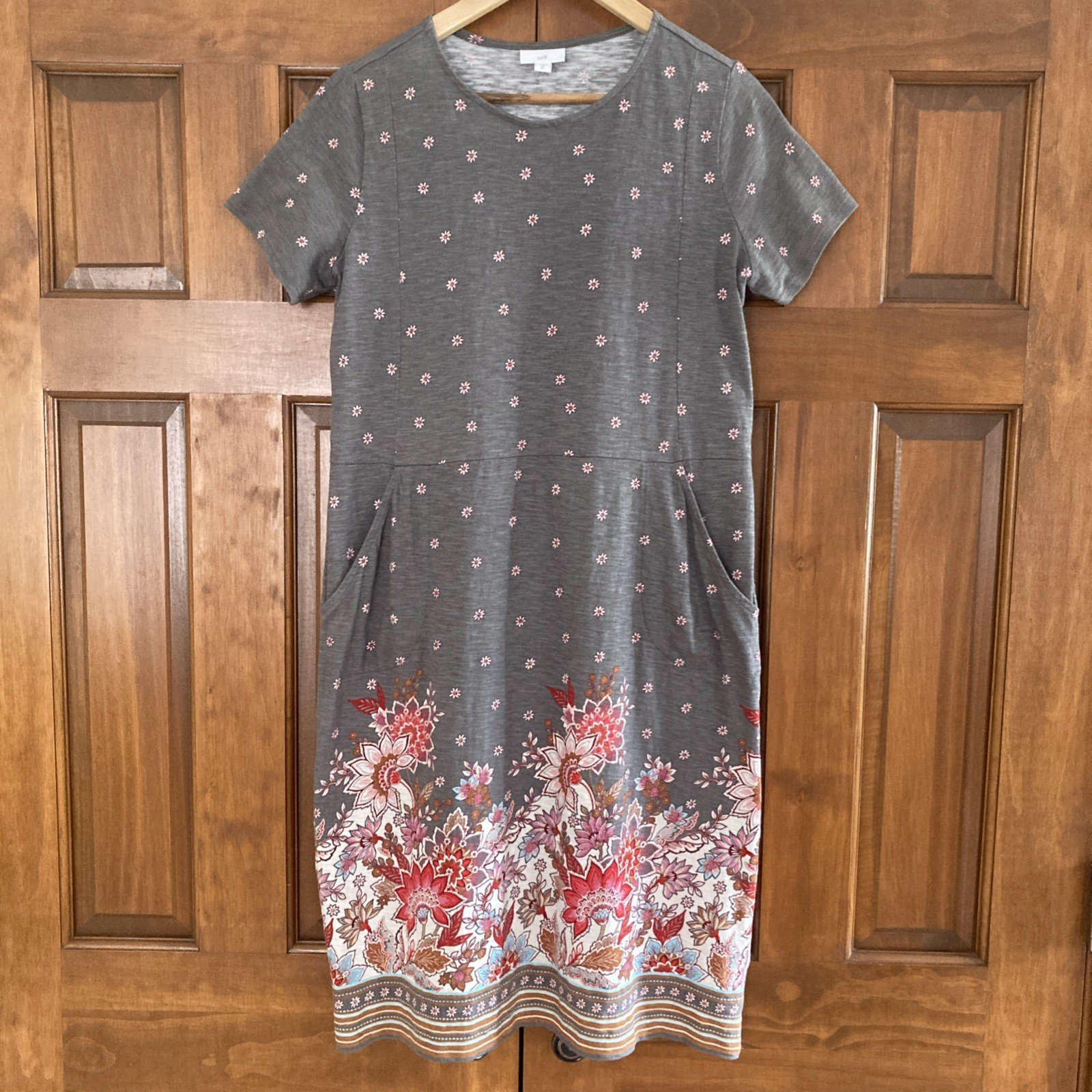 JJill Women’s Sz Medium Tall 100% Cotton Gray Floral T Shirt Dress Pockets