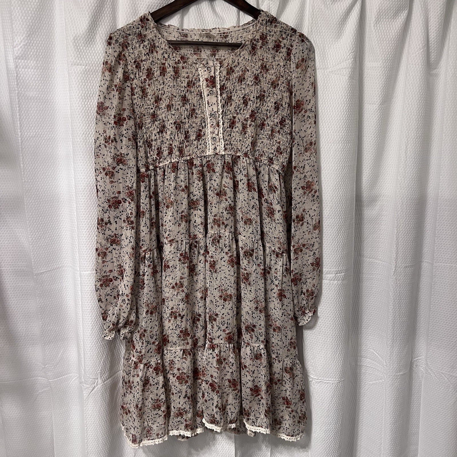 POL Dress Bohemian Smocked Button Ivory Floral Peasant Feminine L Lace Cottage