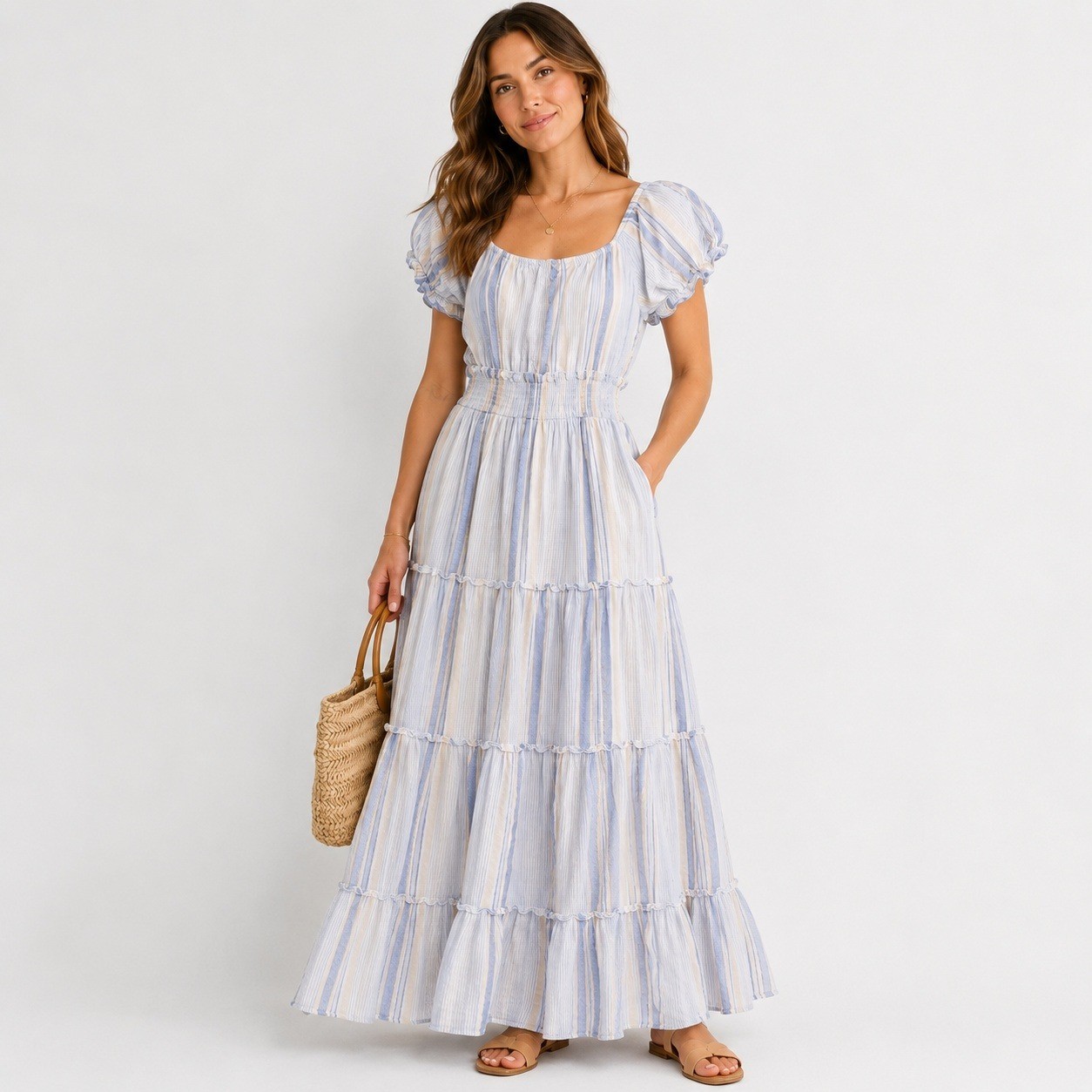 Cotton Coastal Boho Tiered Maxi Dress Blue White Stripe Medium Falling Flower