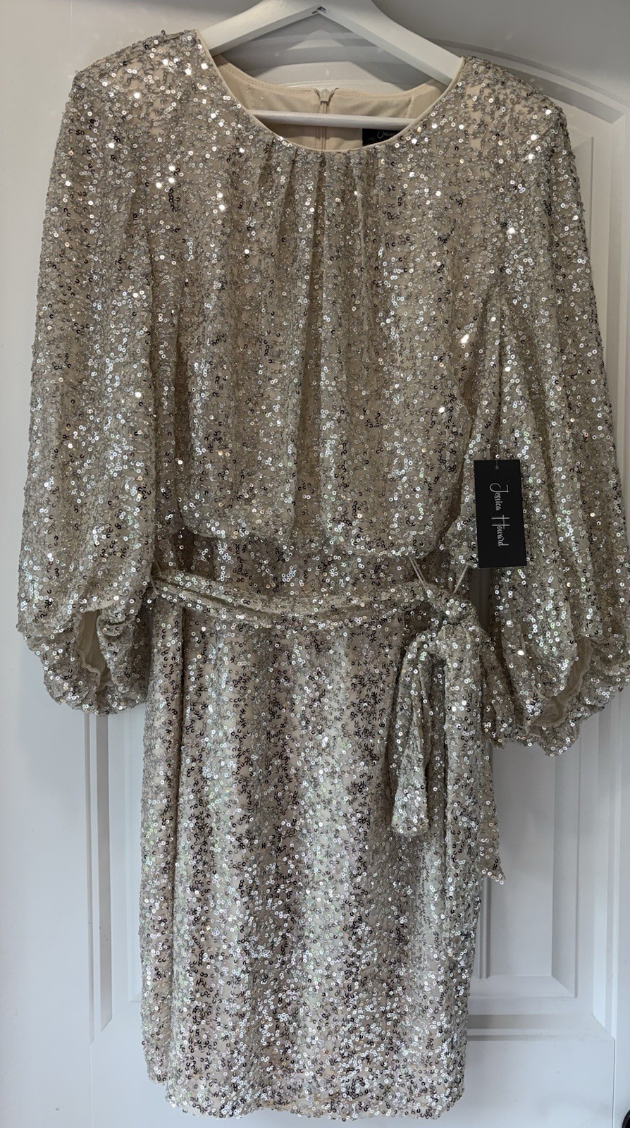 Jessica Howard Gold Sequin Sheath Dress Balloon Long Sleeve Round Neck 14P