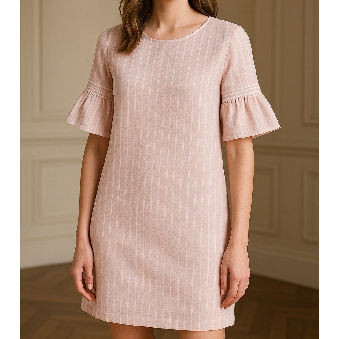 Caslon 100% Linen Shift Dress Women M Powder Pink and White Stripe Nautical