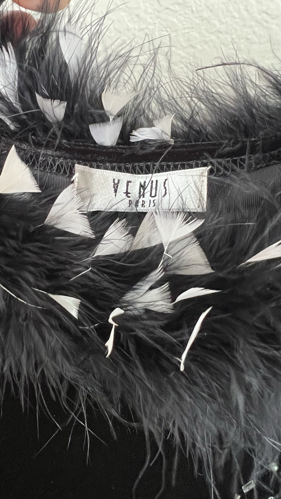 Venus Paris Black Velvet Solid Sheath Midi Dress Feather Trim Sequin Long Sleeve