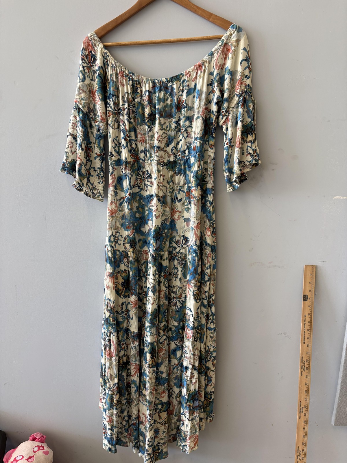 En Creme Dress Womens M Multicolor Floral Smocked Off Shoulder Maxi Hi Low Boho