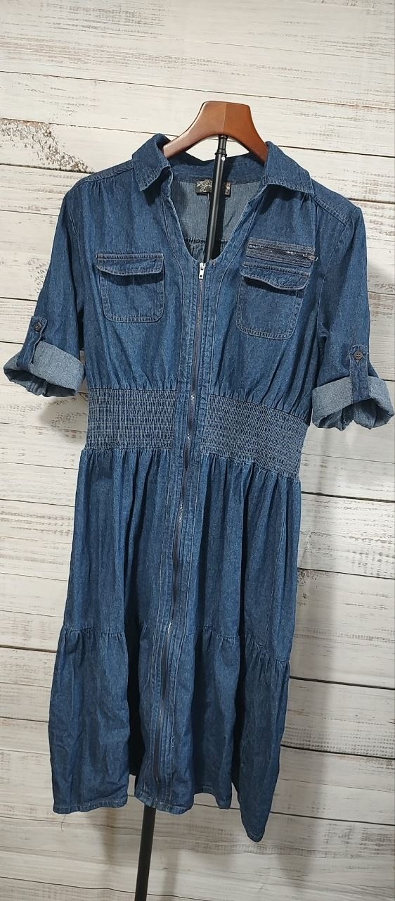J. Gee Women L 100% Cotton Denim Dress Zip Front Smocked Waist Tiered