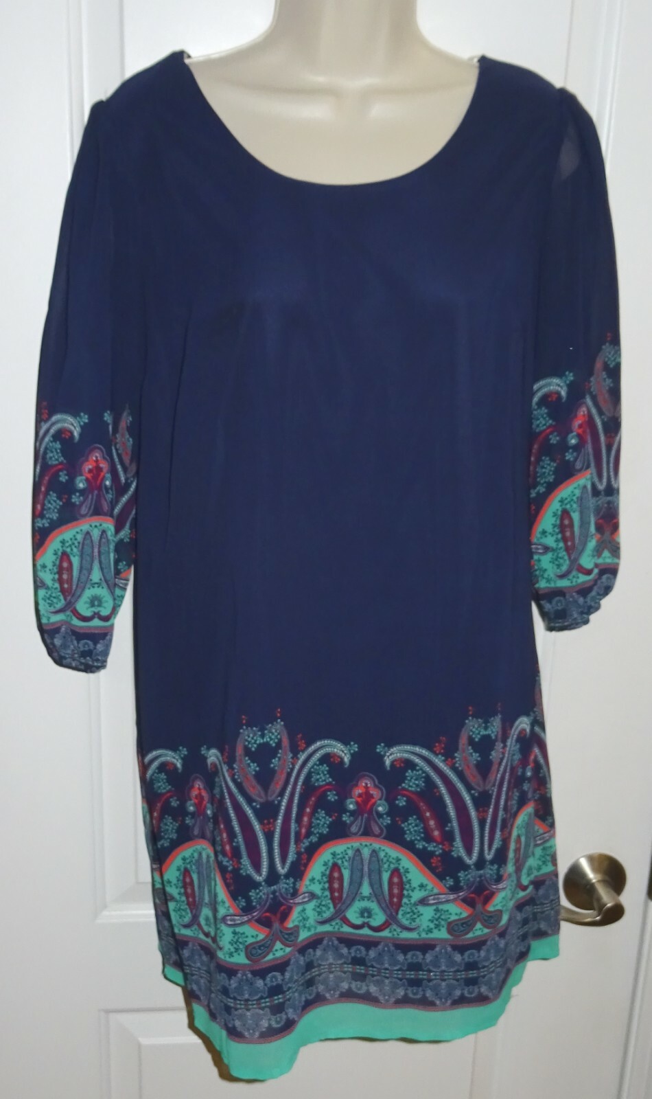 Dress Sequin Hearts Navy Blue Green Red Paisley Print 3/4 Sleeves Sz Med M SL