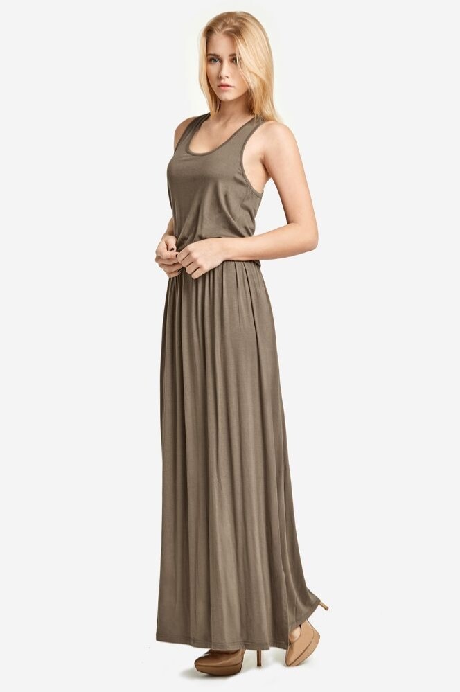 NEW Sofra Elastic Waist Maxi Dress Heather Taupe 🩶🤎 Small Medium Large