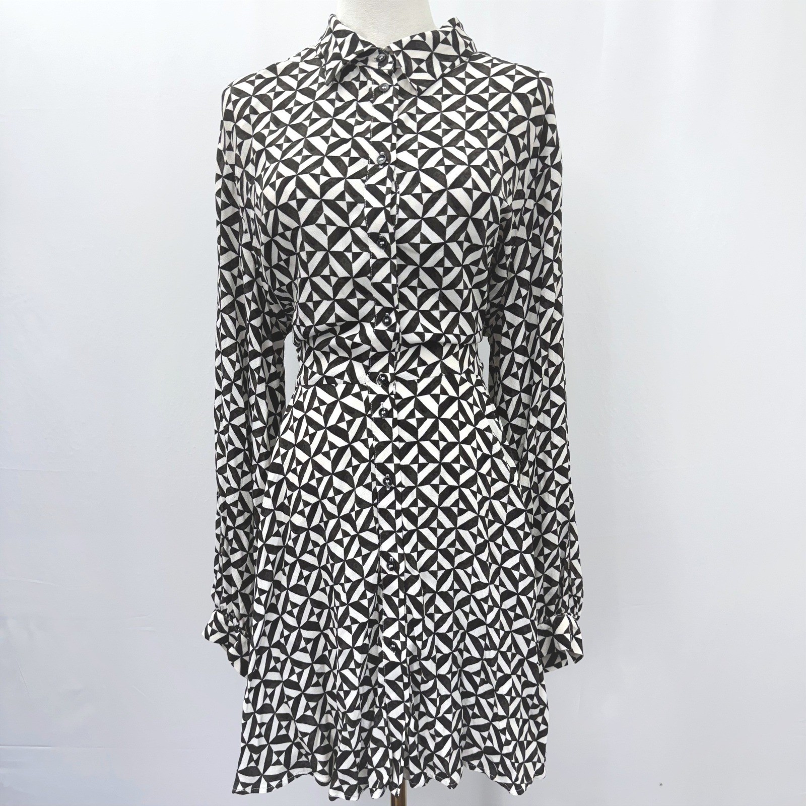 HM Geometric Print Shirt Dress Black White Lenzing Ecovero Viscose XL NEW