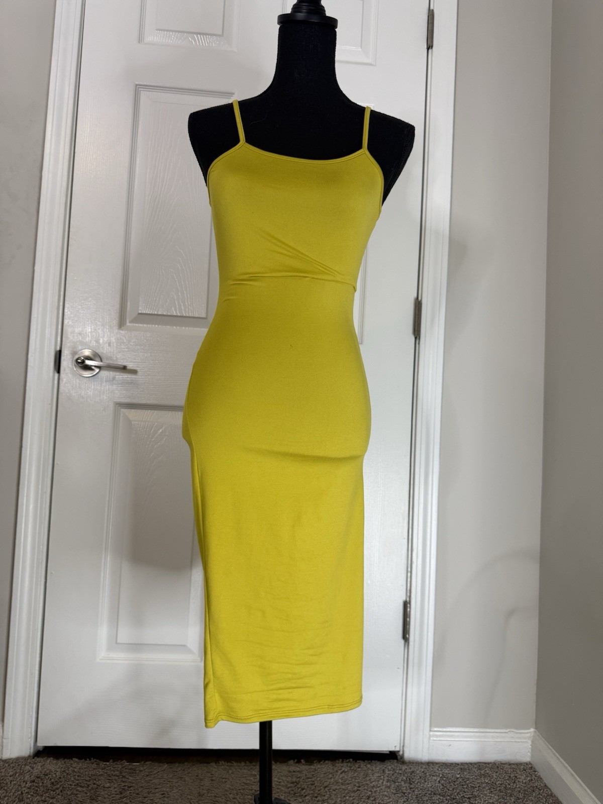 Women’s Yellow Knit Square Neck Strappy Stretch Bodycon Midi Dress Size S
