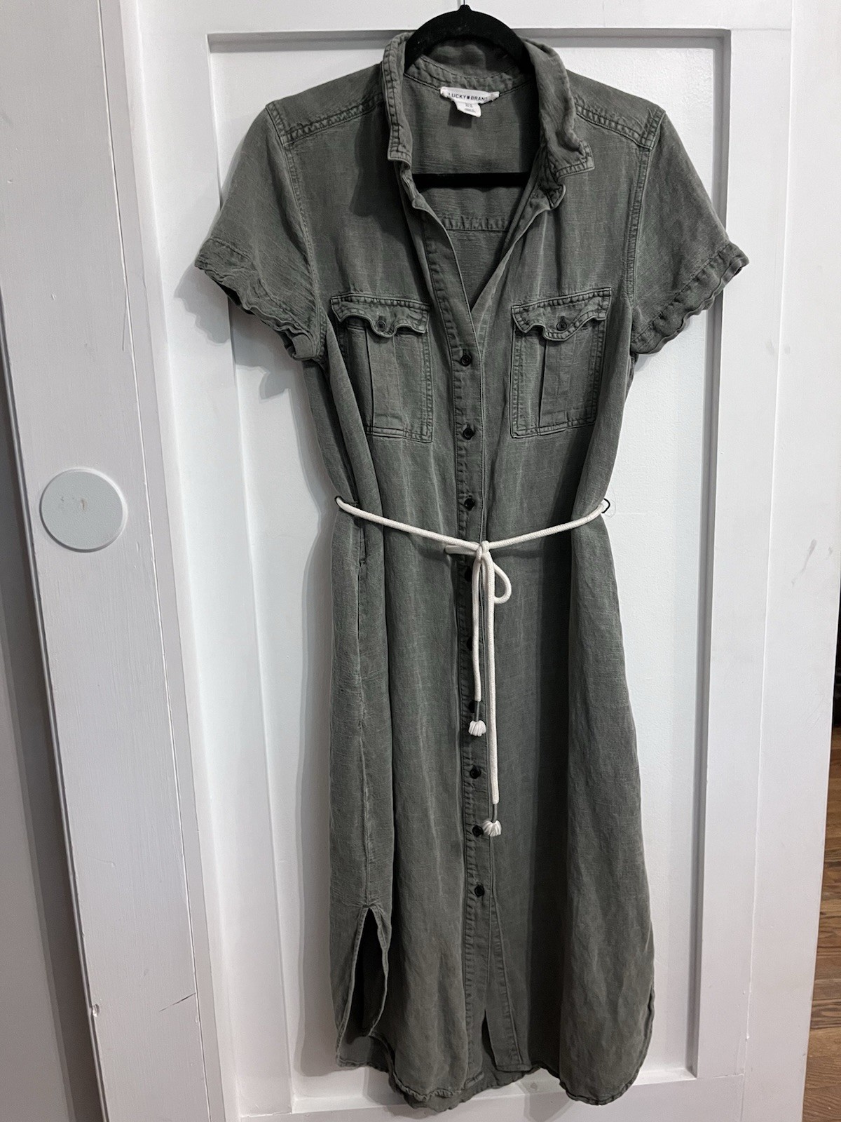 Lucky Brand Olive Green Utility Button Down Midi Shirt Dress Rope Belt Size M