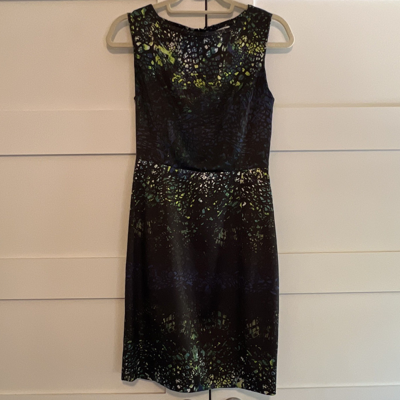 Tahari Black Blue Green Satin Sheath Dress Sleeveless Round Neck Lined Zip 2