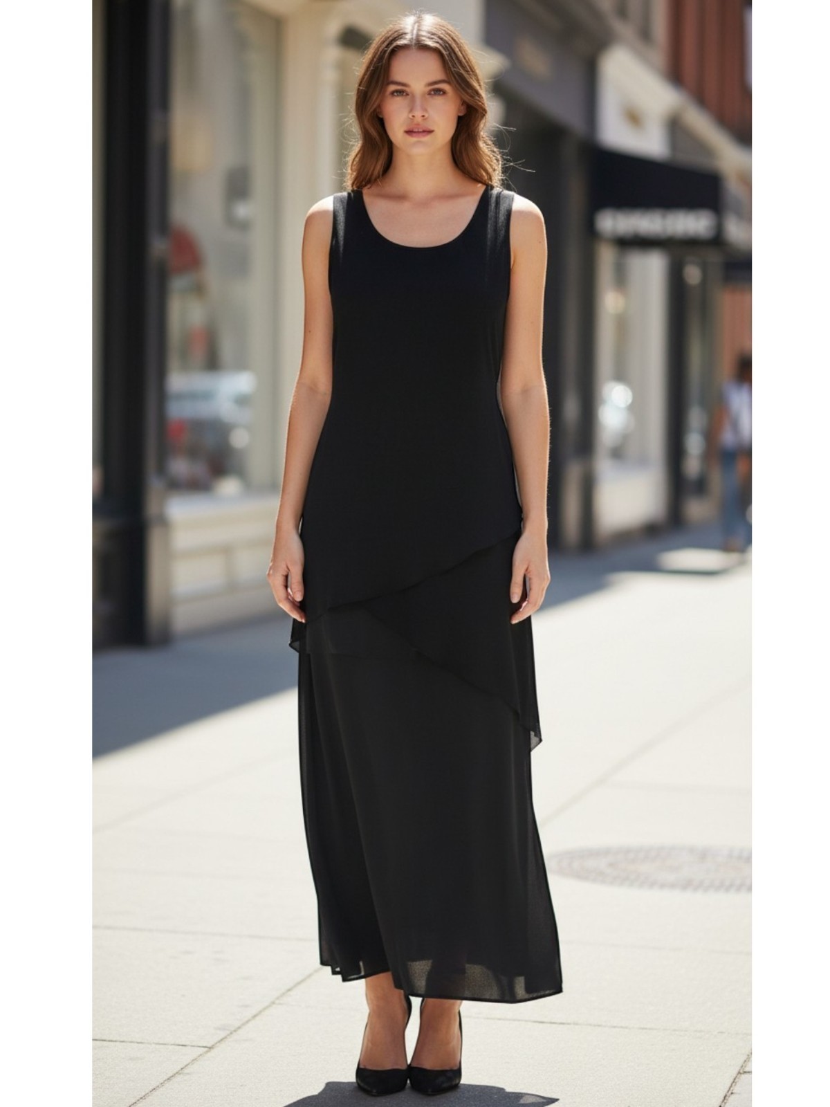 Ladies Black 3 Tier Triple Layer Chiffon Georgette Ties On Back Pencil Dress