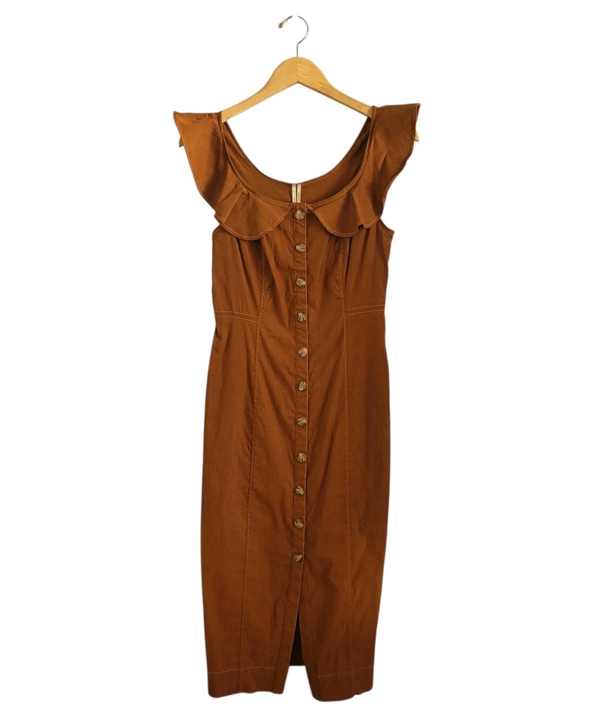 Anthropologie Ruffle Button-Down Midi Dress Rust Brown Linen S Cottagecore Boho