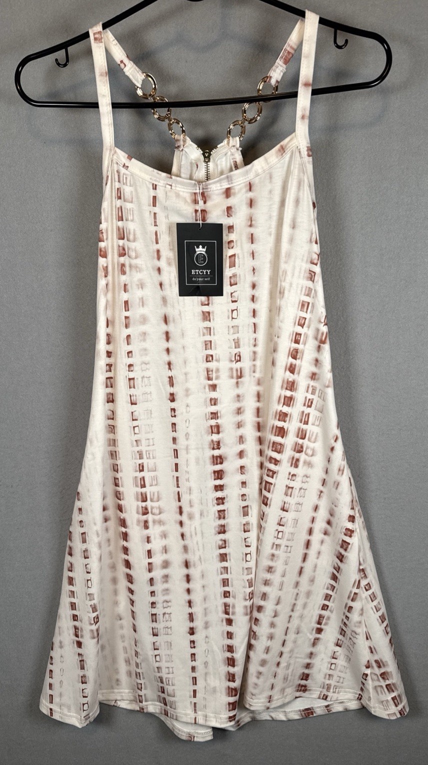 ETCYY Brown & White Summer Dress with Gold hardware straps & Zipper Size L. NWT