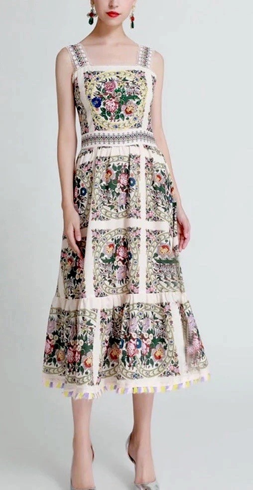 Boho Floral Embellished Midi Sundress Beaded Tapestry Print Festival M Lined