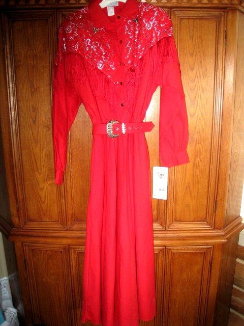 Vntg Lilia Smith Dress Womens M 11/12 Red Western Fringe Belt Floral 80s USA~NWT