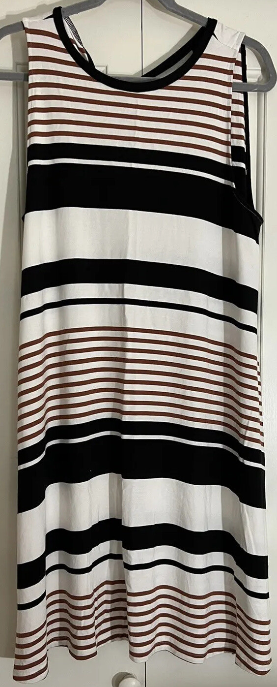 LOFT black/brown/white striped sleeveless swing dress with back tie Size Large