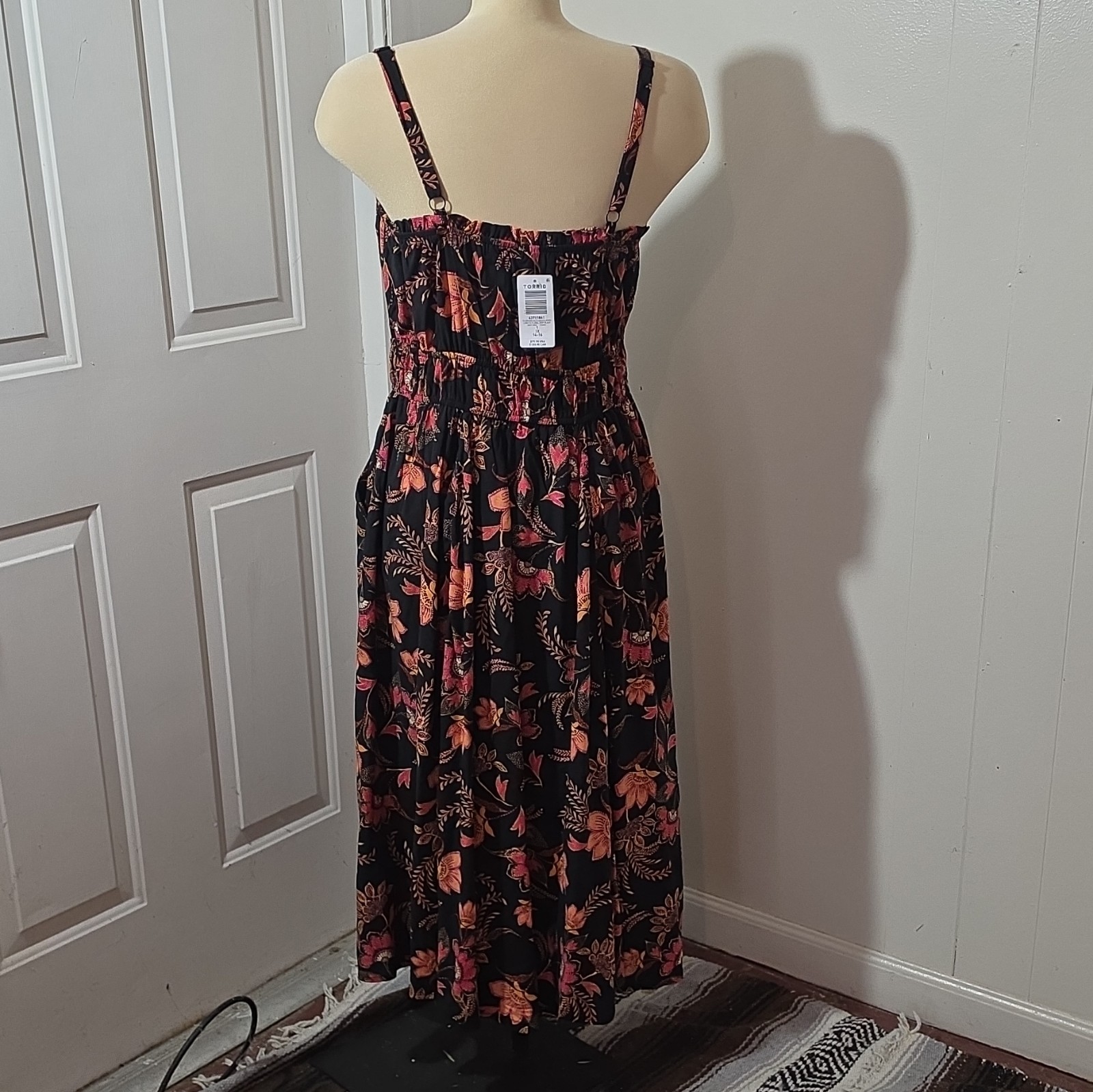 Torrid Black Floral Midi Sundress 1X Square Neck Pockets Adjustable Straps