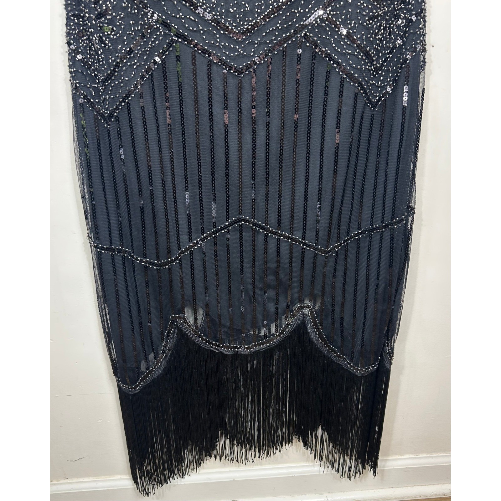RO ROX Flapper Dress Sz 2XL Black Beaded Sequin Fringe Gatsby VTG 20s Style