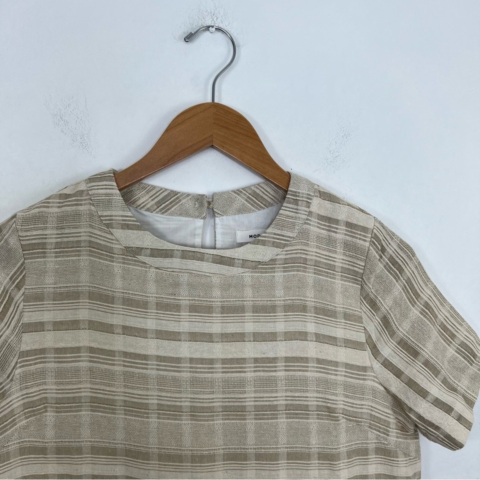 Mod Ref Striped Dress Tan Ivory Linen Textured Cotton Babydoll Dress Size Small