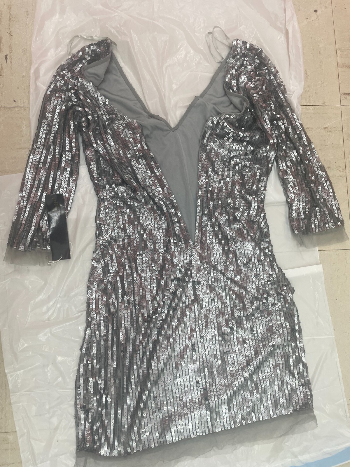 Cassandra Stone Dress Sequins Bare Back Silver, Size 6