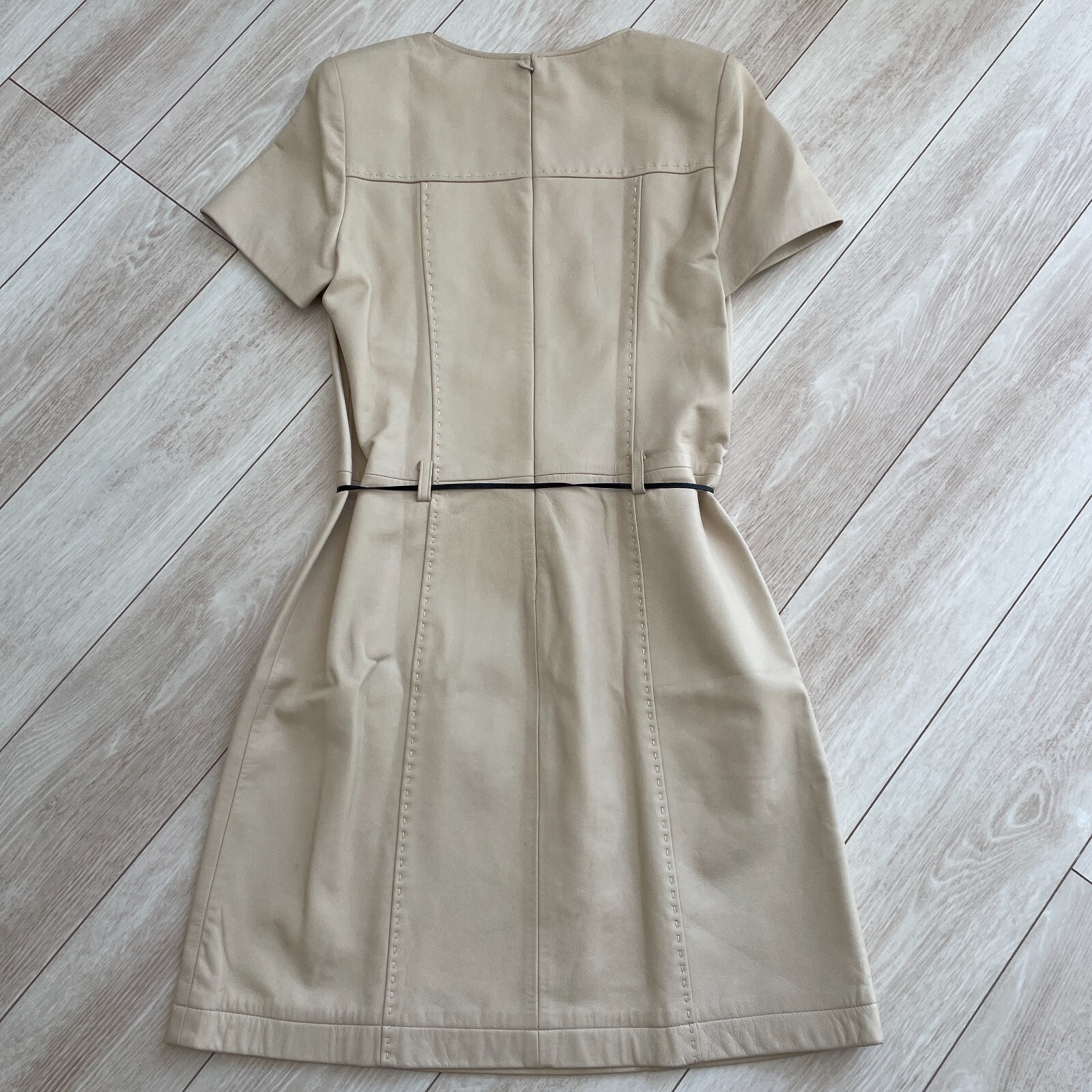 Courreges Sheepskin Lamb Leather Dress Beige Zip Woman Size L US/S-M Japan Rare
