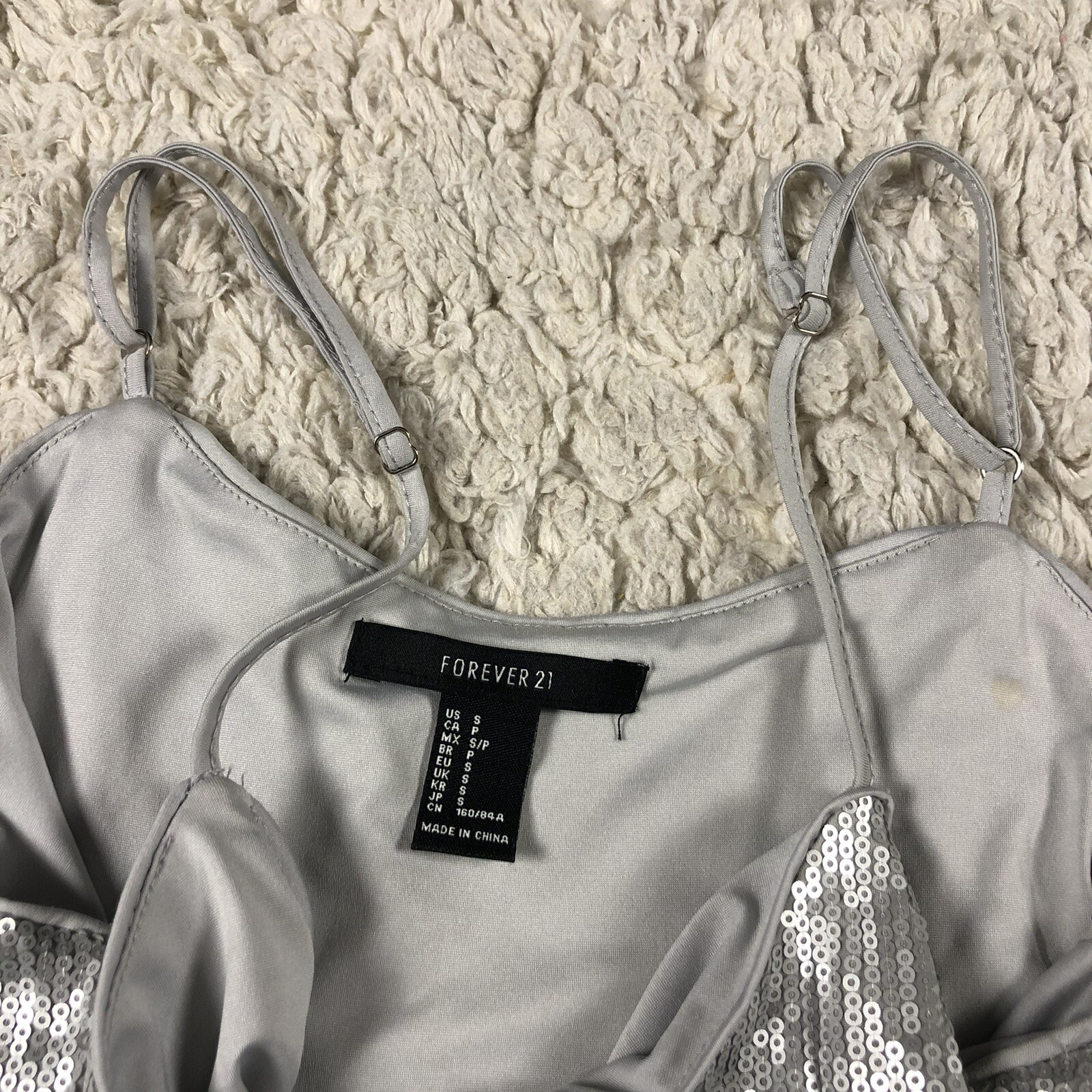 Forever 21 Silver Sequin Stretch Ruffle Mini Dress Womens Small Spaghetti Strap