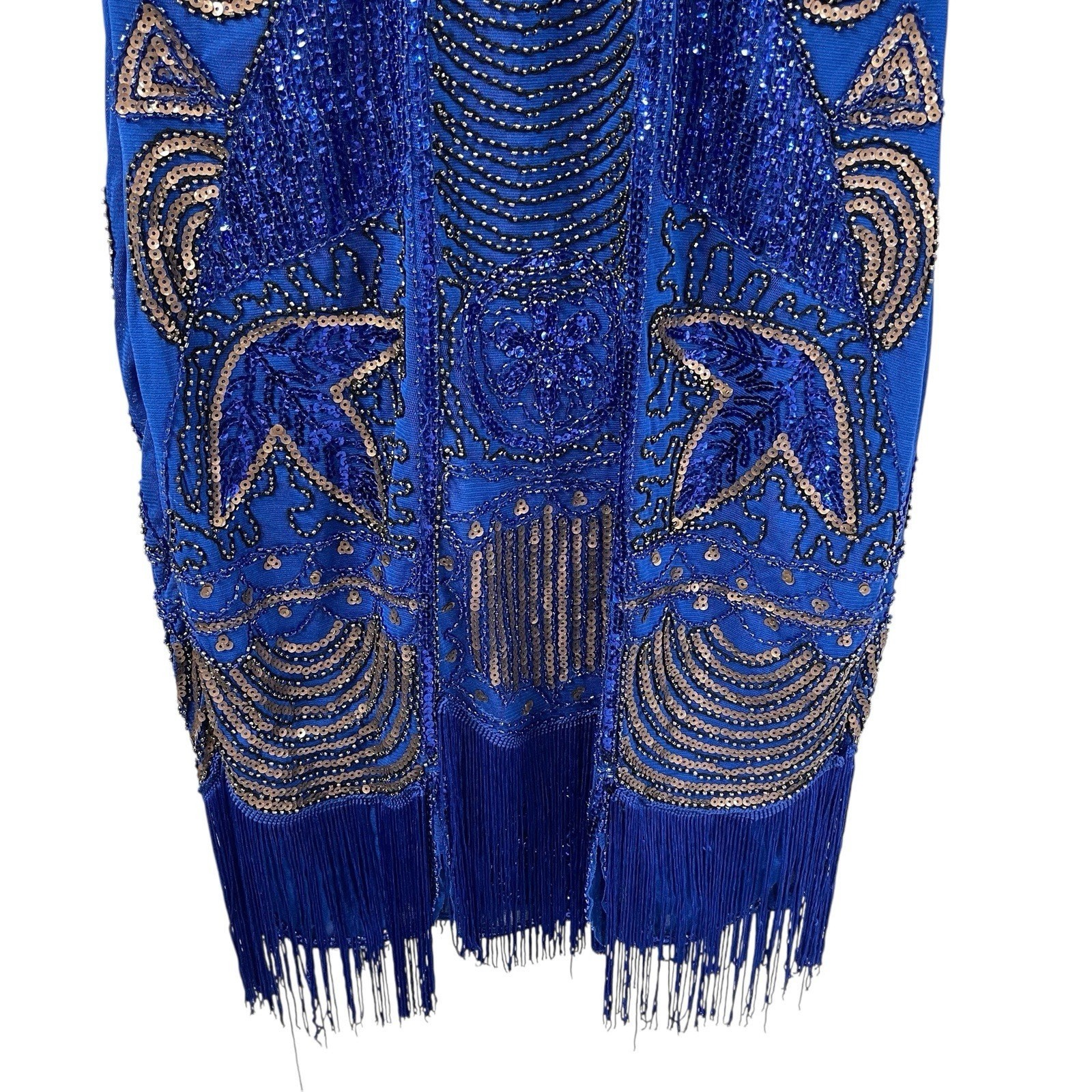 Royal Blue Beaded Sequin Fringe Mini Dress S Unique Vintage Ornate Gatsby