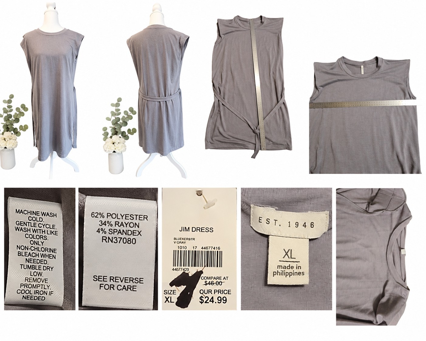 EST. 1946 Women’s XL Gray Sleeveless Knit Belted Shift Sheath Dress NWT