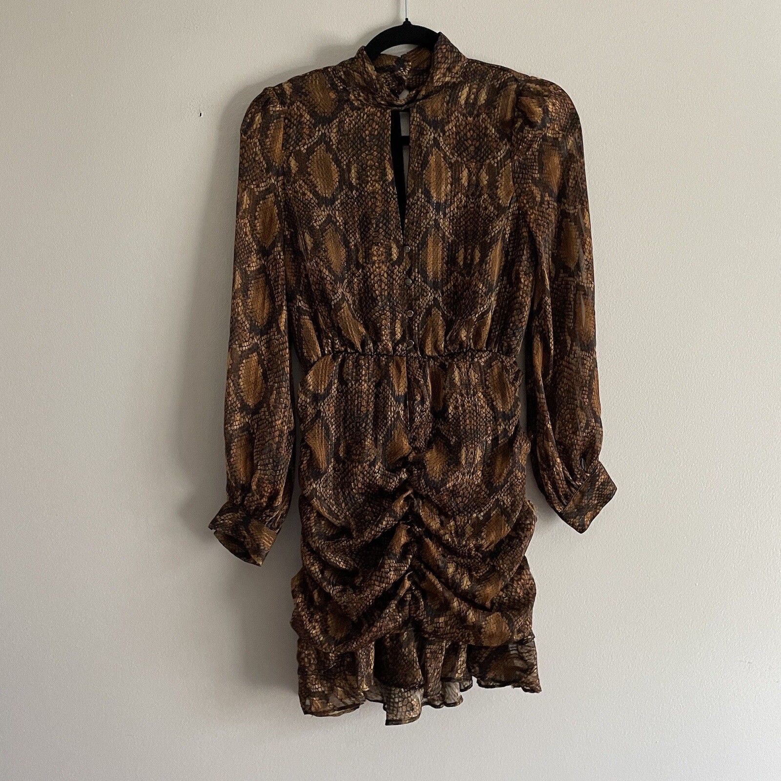Zara Womn S Brown Snakeskin Print Long Sleeve Ruched Draped Mock Neck Mini Dress