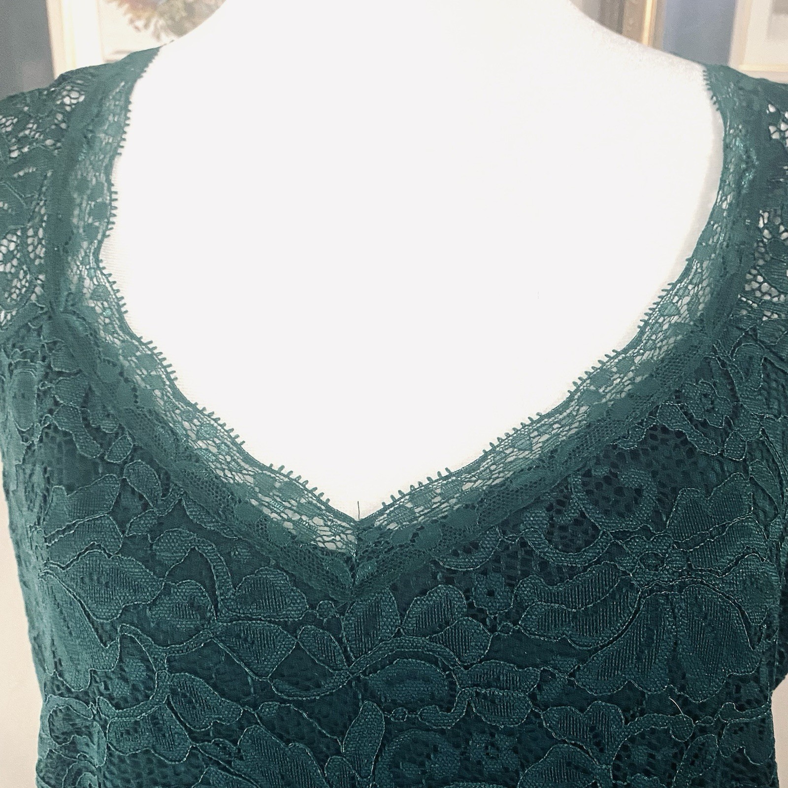 NWT Miusol Dark Green Sz L Evening Gown Lace Bodice Crepe Skirt Sleeveless Lined