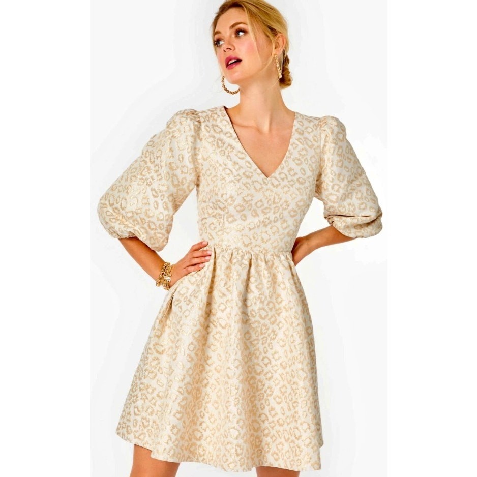 Lilly Pulitzer Calyssa Dress Ivory Gold Dazzle Leopard Jacquard Print Womens 12