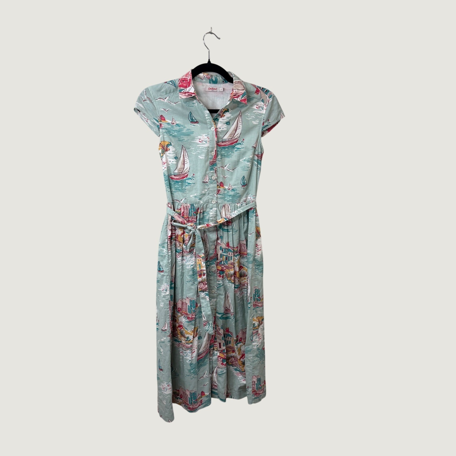Cath Kidston London Nautical Seaside Sailboat Cotton Shirt Dress Blue Womens 6