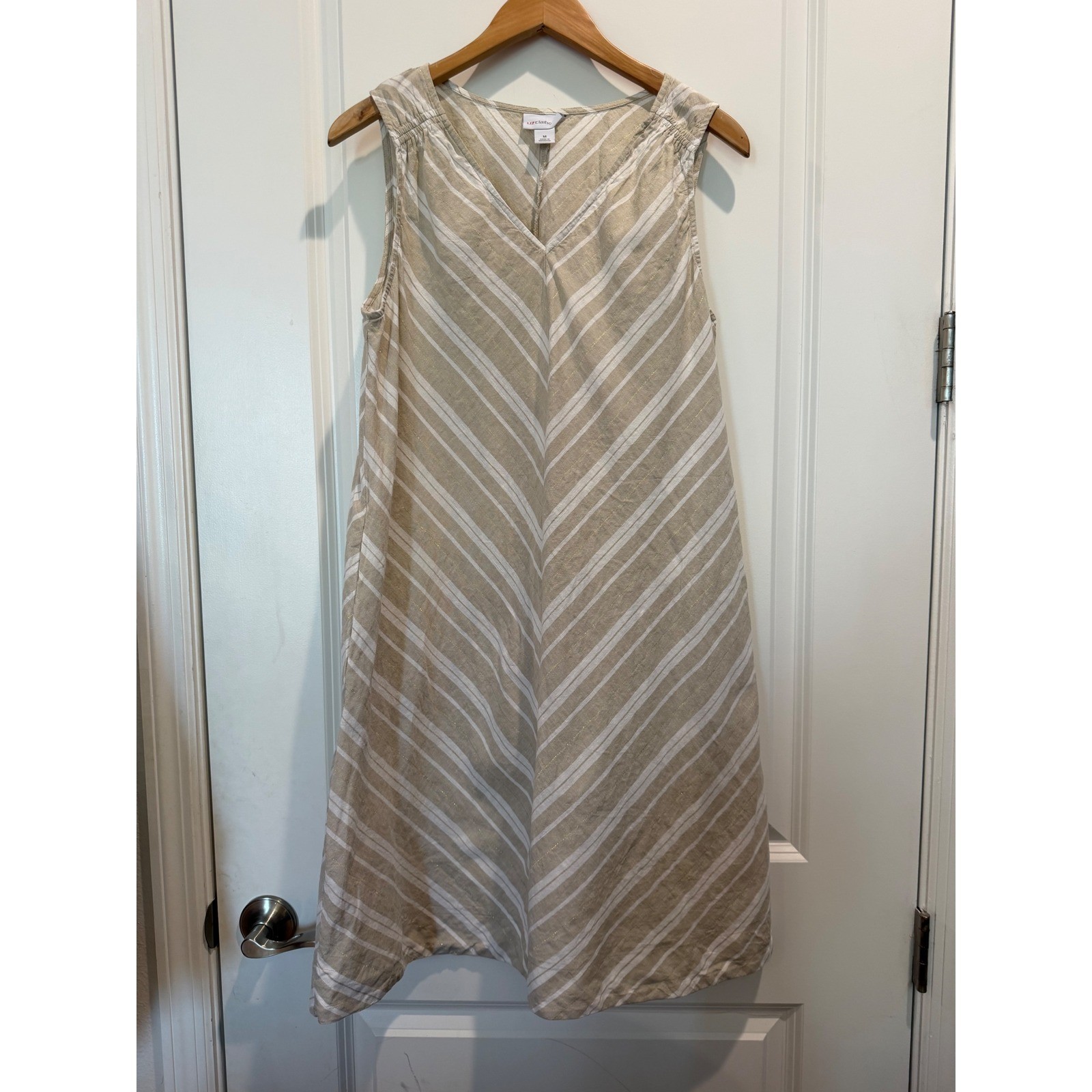 Liz Claiborne Linen Blend Striped V-Neck Shift Dress Tan Gold Metallic Women M