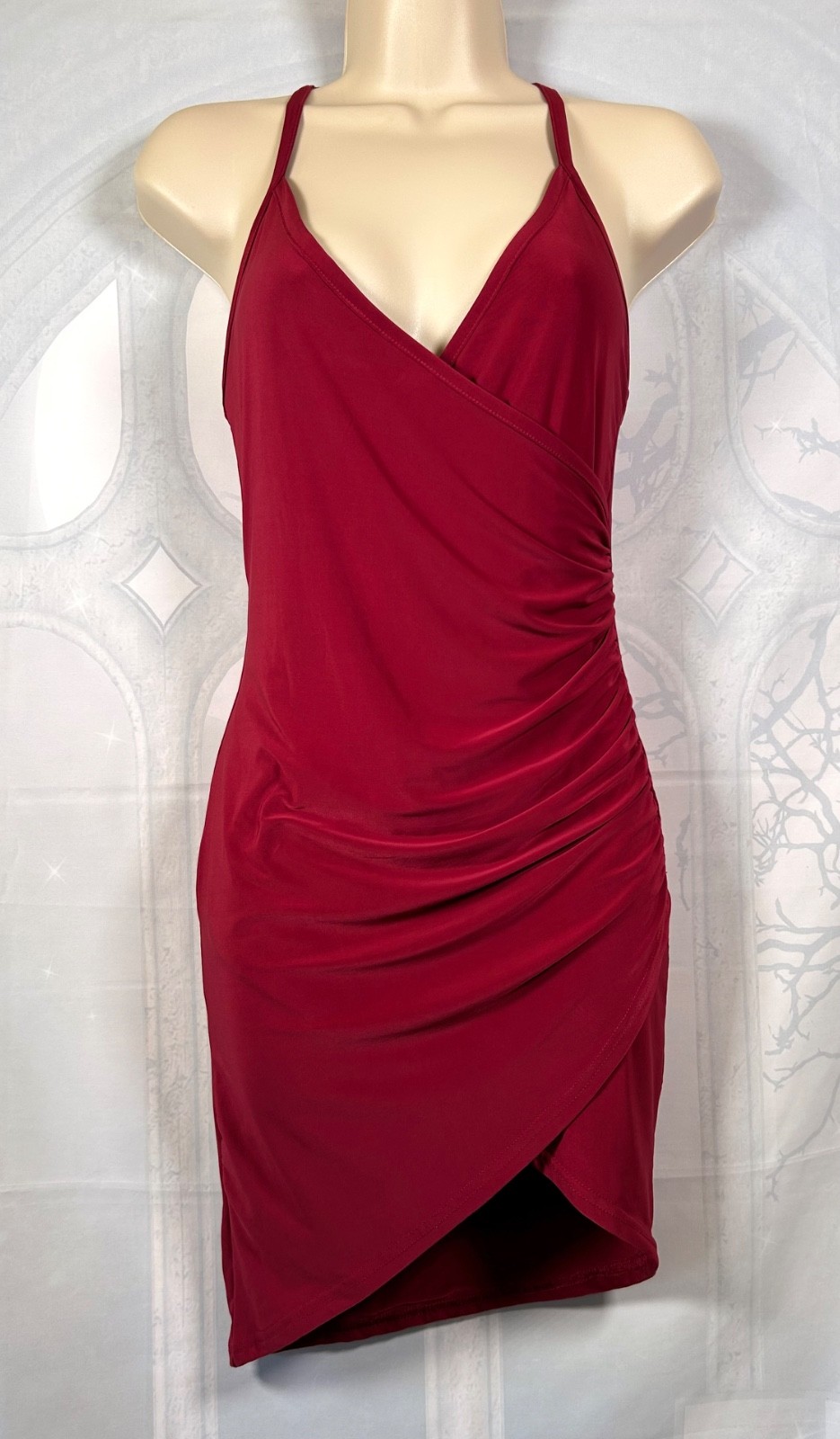 PrettyLittleThing wine red gathered ruched sleeveless stretch bodycon dress, 10