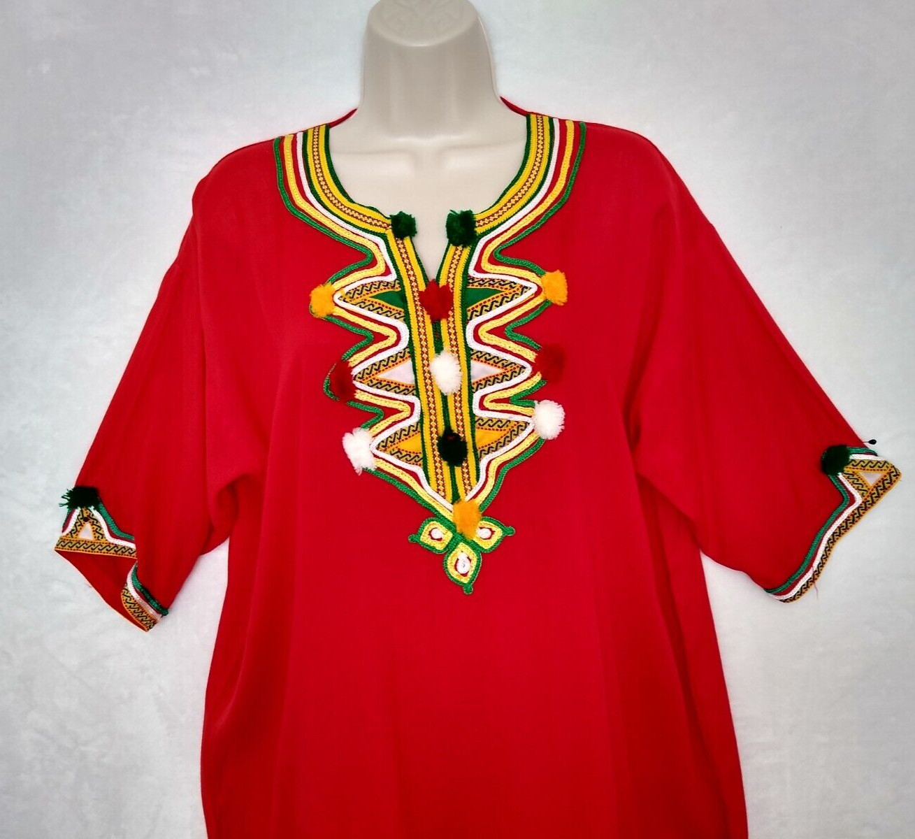 Moroccan Kaftan Gandoura Berber Clothes Handmade Dress Bohemian Red Ribbon Women