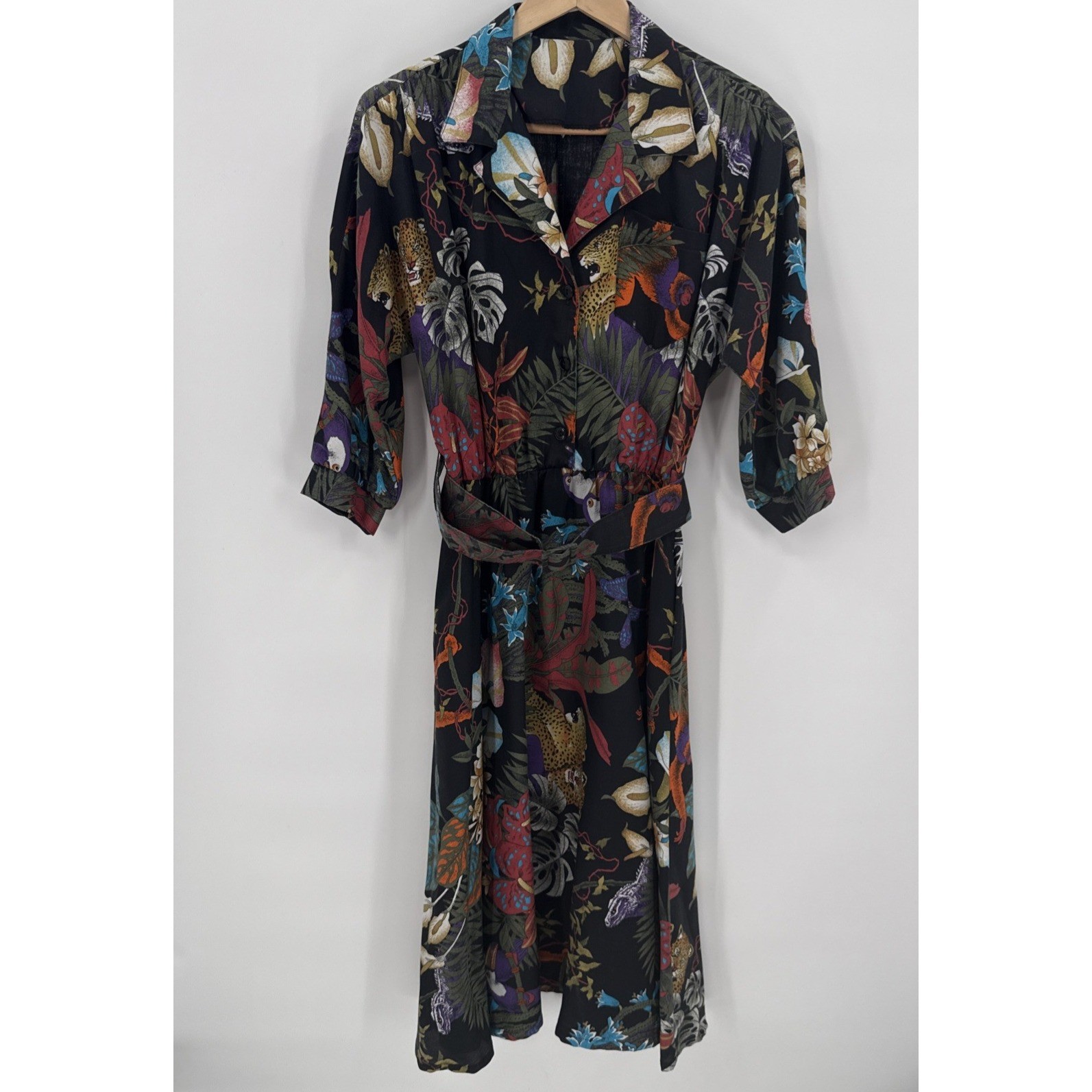 Vintage Womens Amy Deb Safari Leopard Art Midi Dress Size S/M Retro 80’s