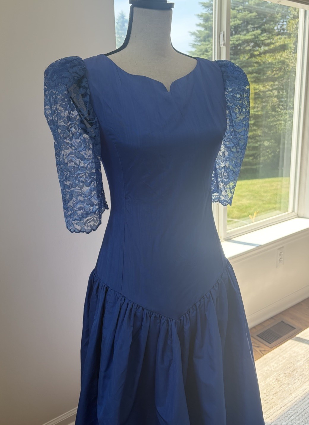 VTG 80s Blue Lace Drop Waist Knee Dress Sweetheart Puff Sleeve S Prairie