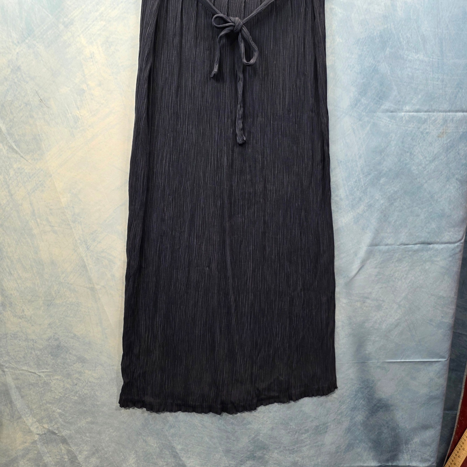 Another Thyme Vintage Navy Blue Crinkle Maxi Dress Floral Embroidered Size 8 USA