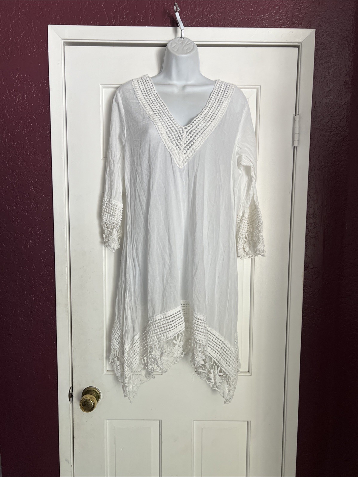Cute Options White Boho Peasant Dress – Size M Crochet Cotton