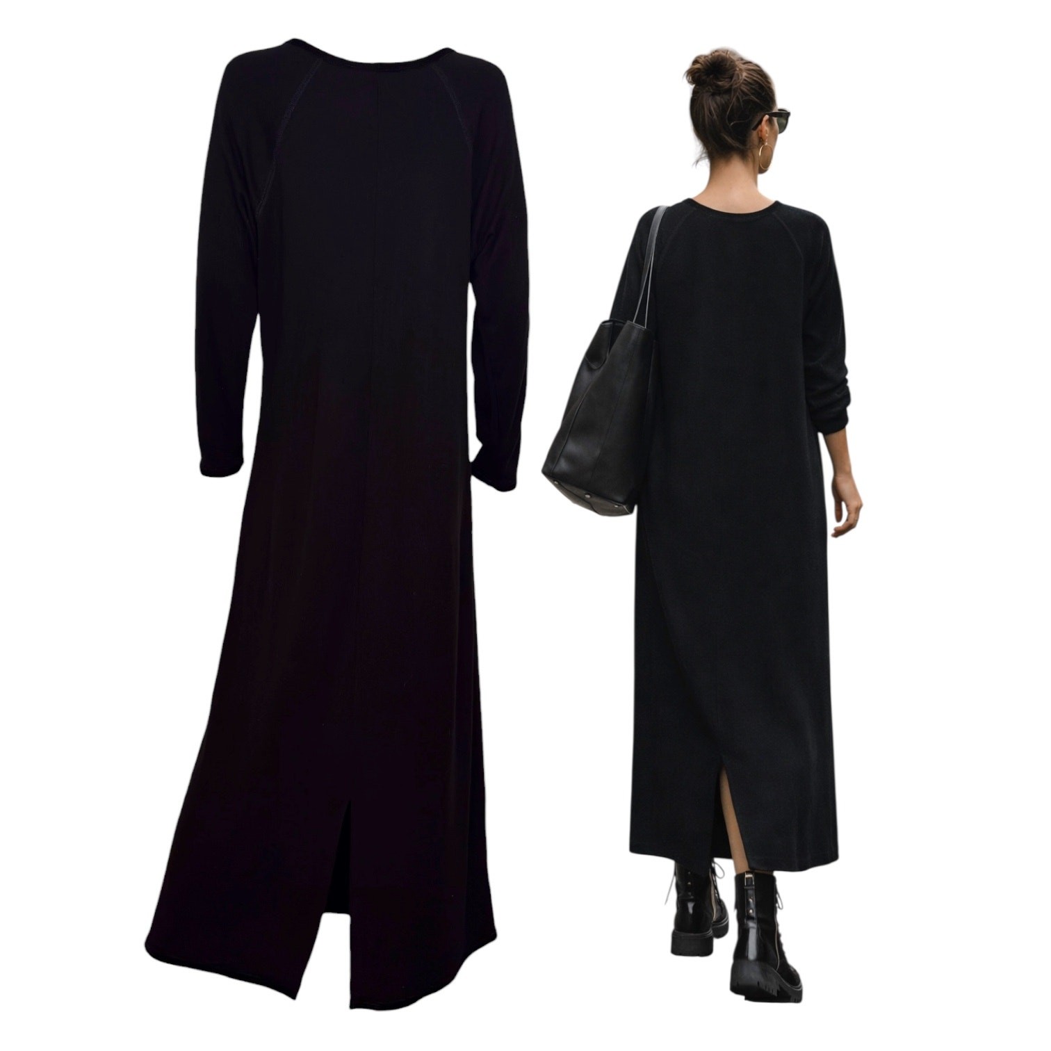 Black Minimalist Maxi Dress Soft Knit Raglan Sleeve Sweatshirt Size XL Oversized