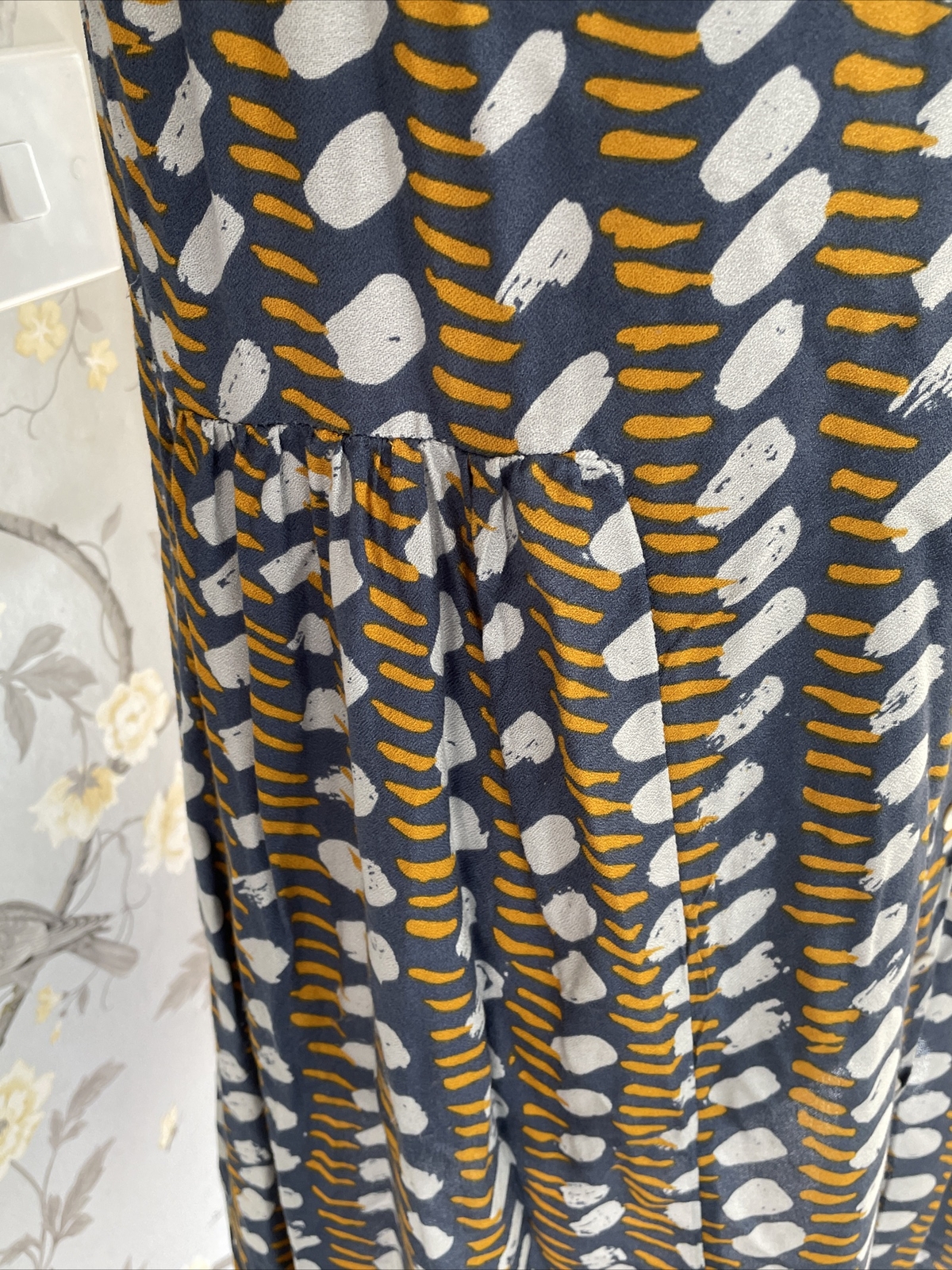 White Stuff Chambray Blue Gold Grey Abstract Print Shirt Dress Ladies Size 12