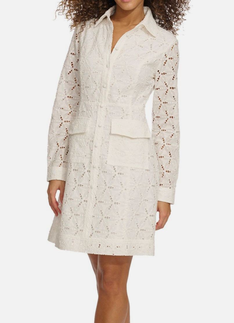 Kensie Women’s White Cotton Eyelet Long-Sleeve Shirtdress Size 12