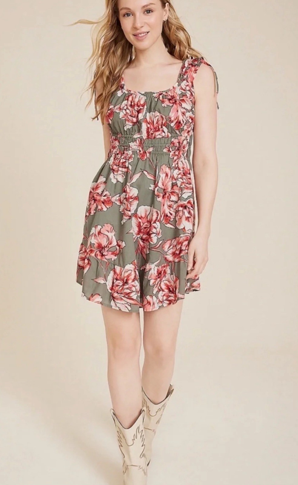 Maurices Women’s M Floral Smocked Mini Dress Tie Strap Green Coral Boho Summer