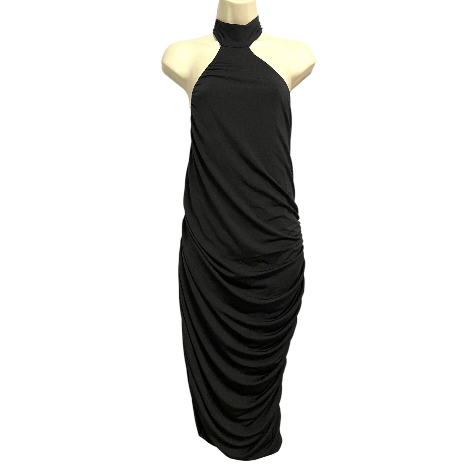 Grace Karin Halter Dress XL Black Ruched Backless Draped Midi LBD Minimalist