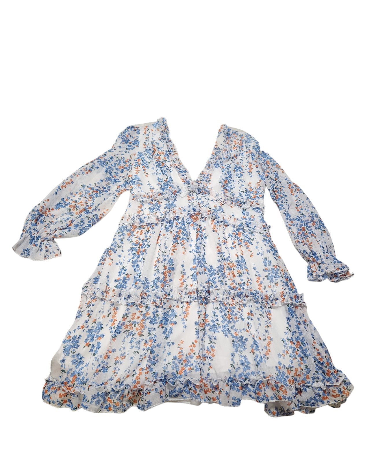 Floral Open Back Ruffle Chiffon Dress In White Large See Measurements In Picture