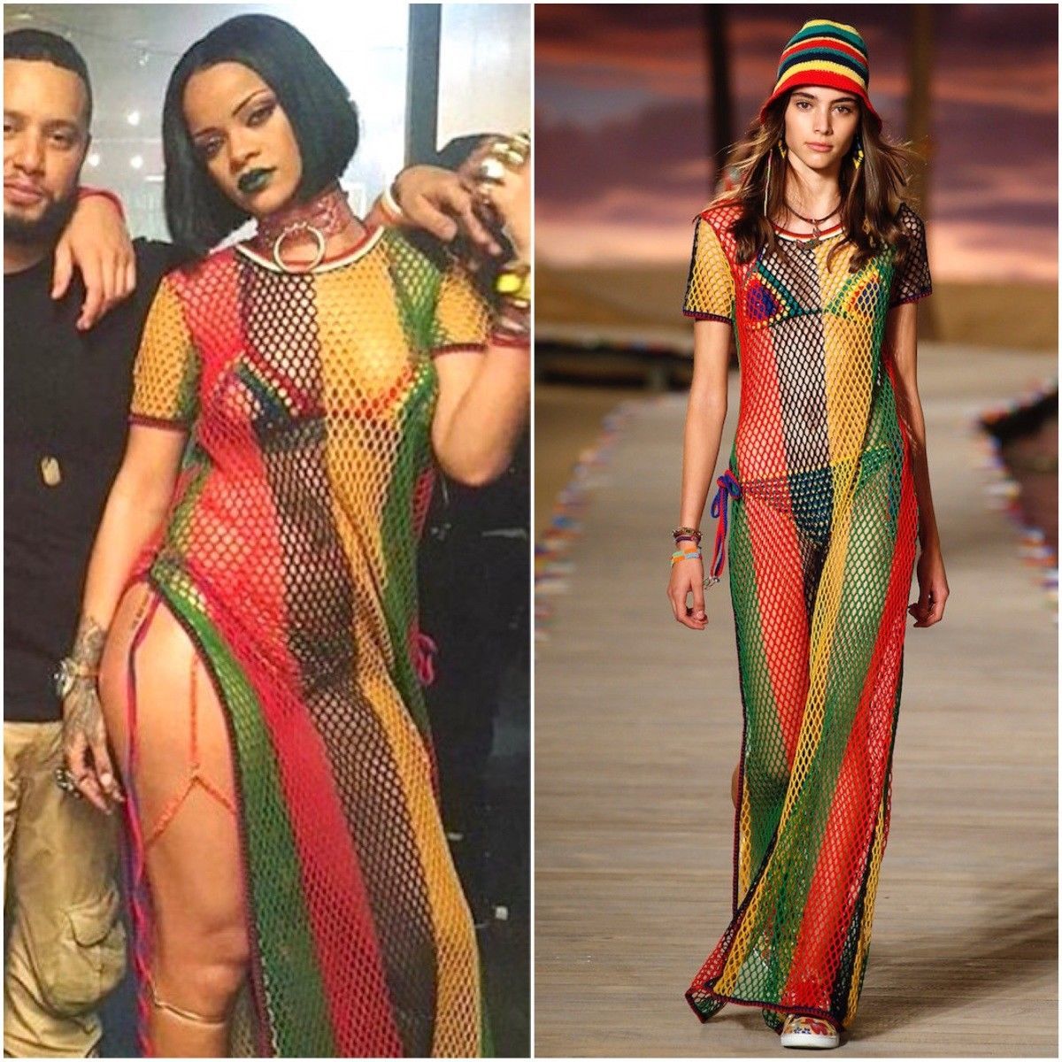 Ladies Women Side Slit String Mesh Maxi Fishnet Dress Yarn crochet Rihanna Work