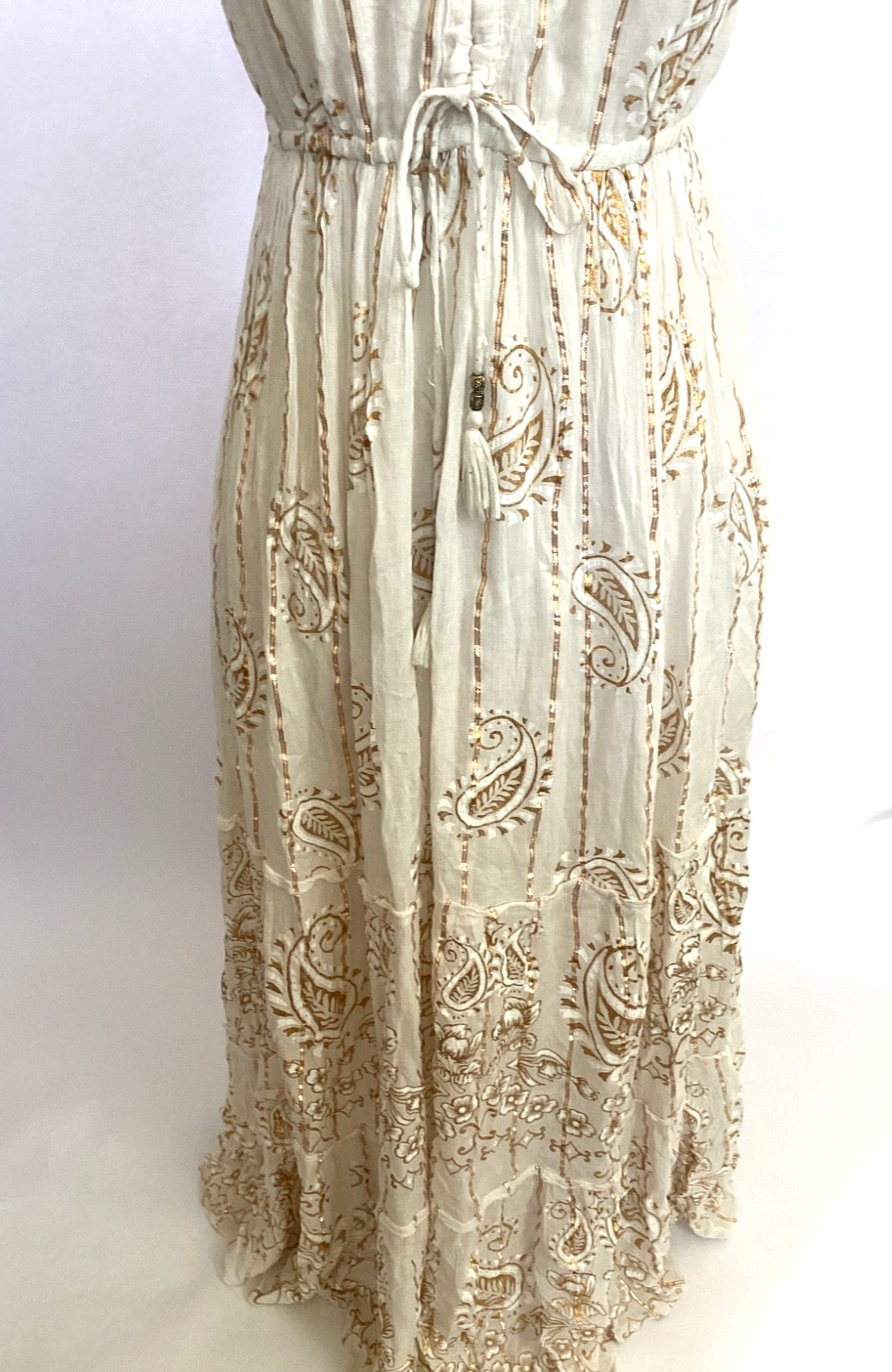 NWT Me 2 Magic Anthropologie Maxi Dress S Ivory Gold Lurex Smocked Embroidered
