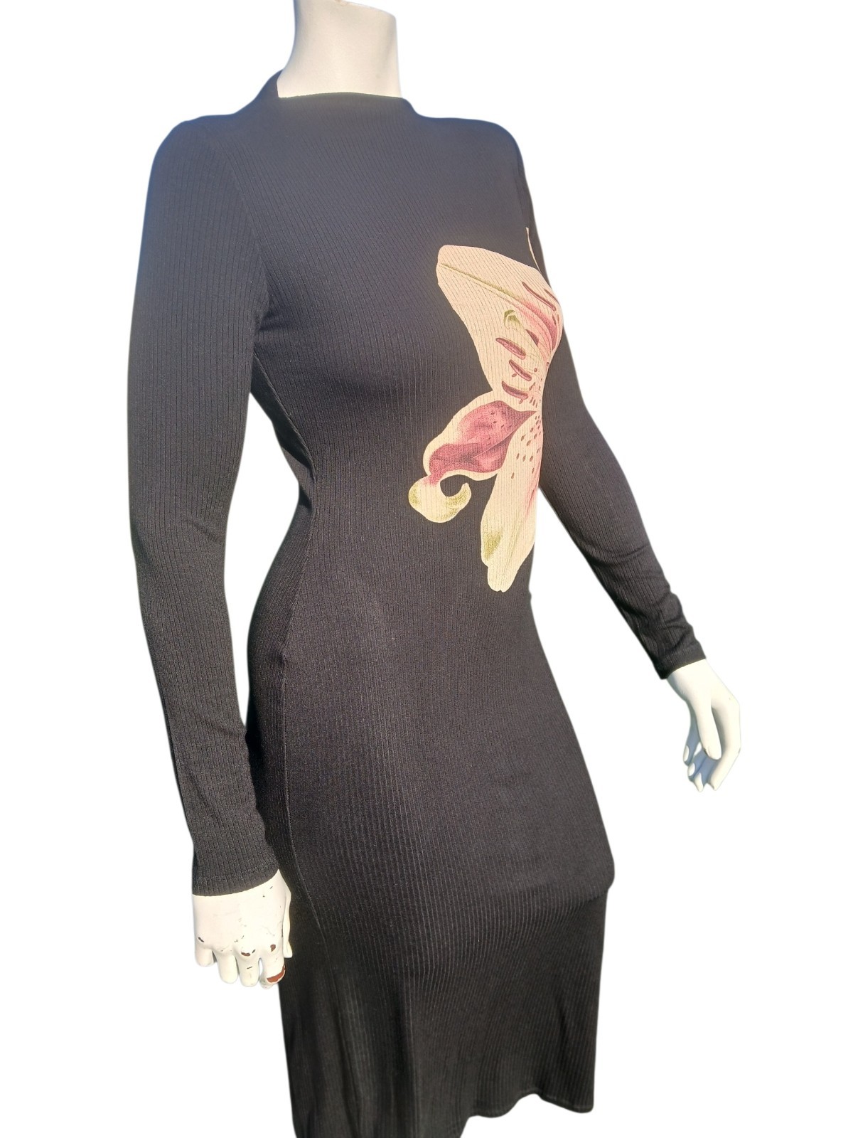 Desigual Black Lily Orchard Rib Midi Dress L Stretch Viscose Long Sleeves